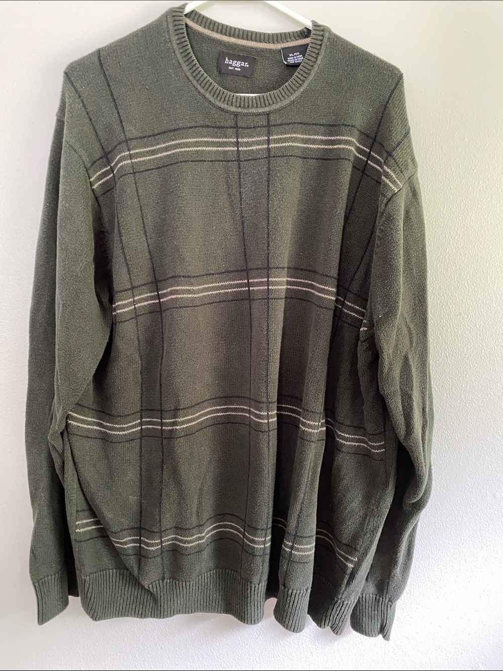Haggar Olive Green Plaid Crewneck Sweater with Cream and Black Stripes